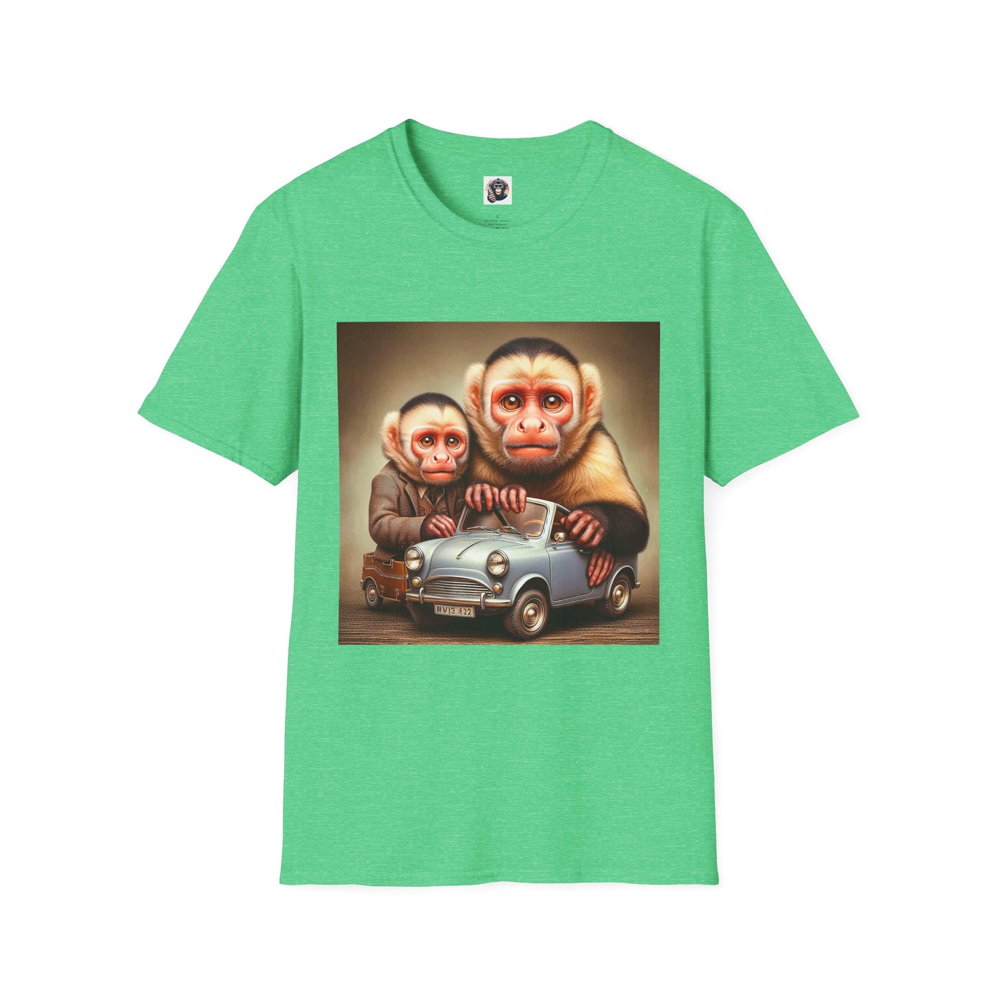 Capuchin friends driving Tee Shirt T-Shirt Printify S Heather Irish Green