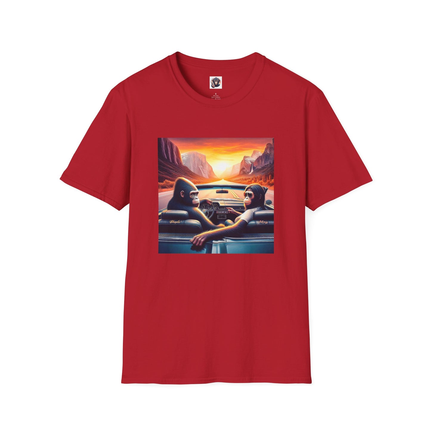Wacky Bonobo driving sunset T-Shirt Printify S Cherry Red