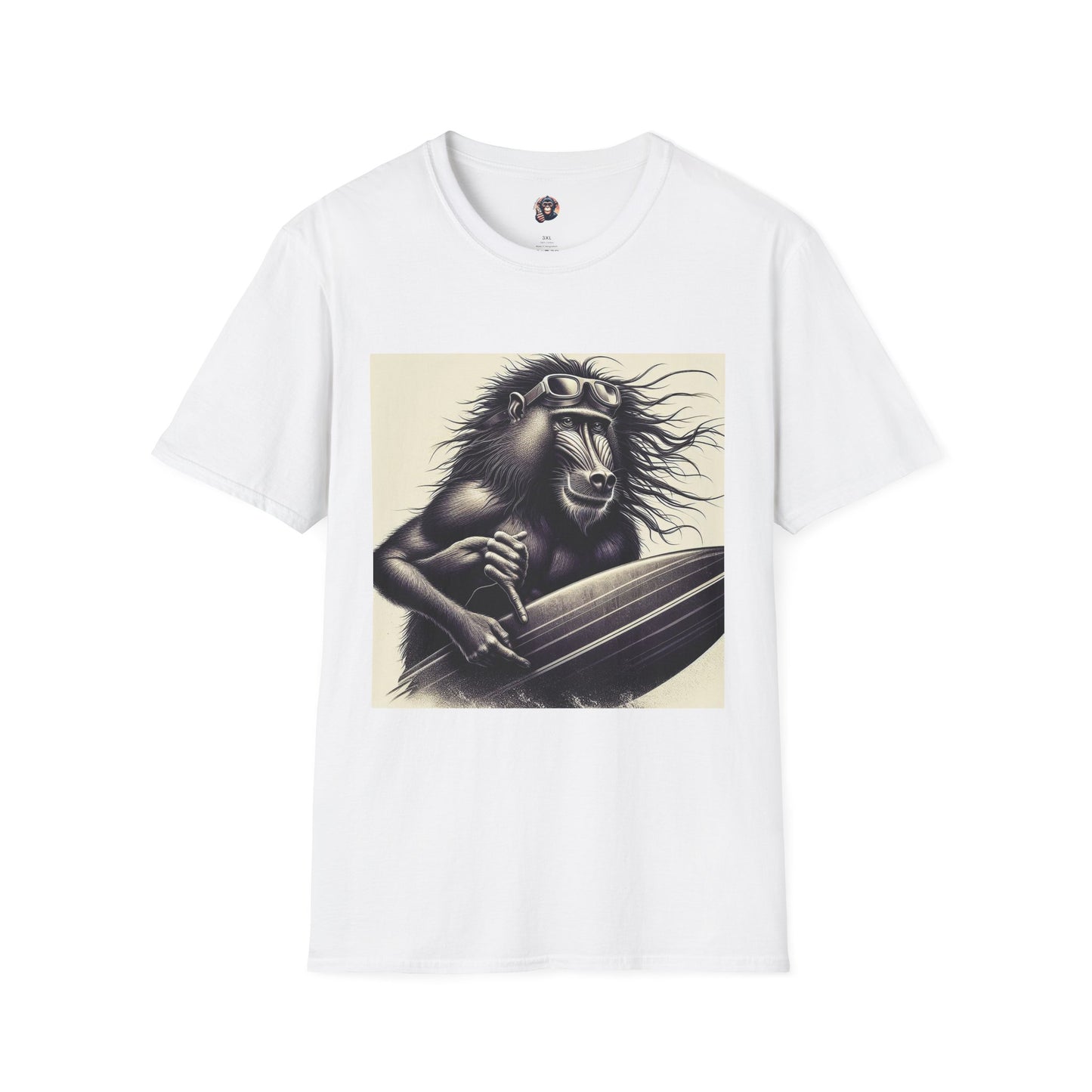 Baboon black and white surfer T-Shirt Printify S White