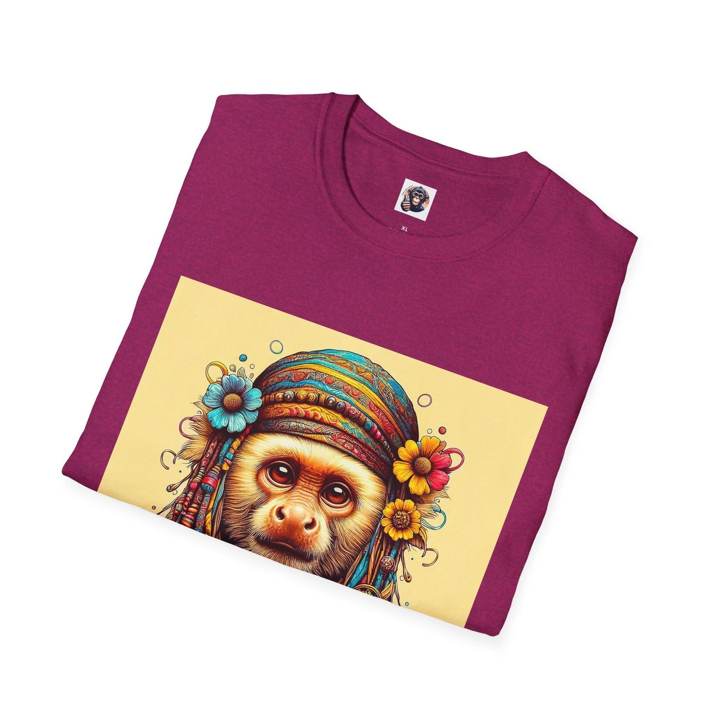 Capuchin Monkey 70s Princess T Shirt Colorful Bohemian Headdress Design Cotton Tee by Printify