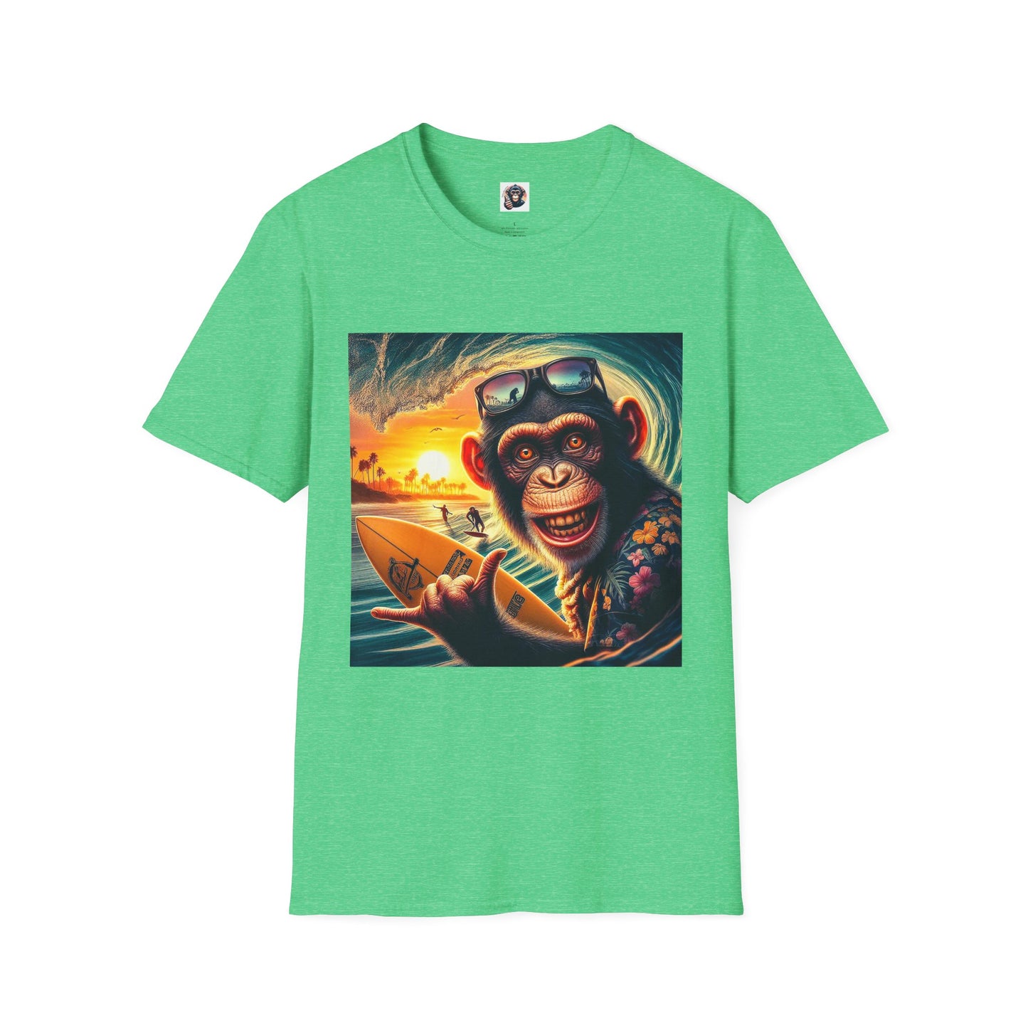 Chimp surfs up T-Shirt Printify S Heather Irish Green