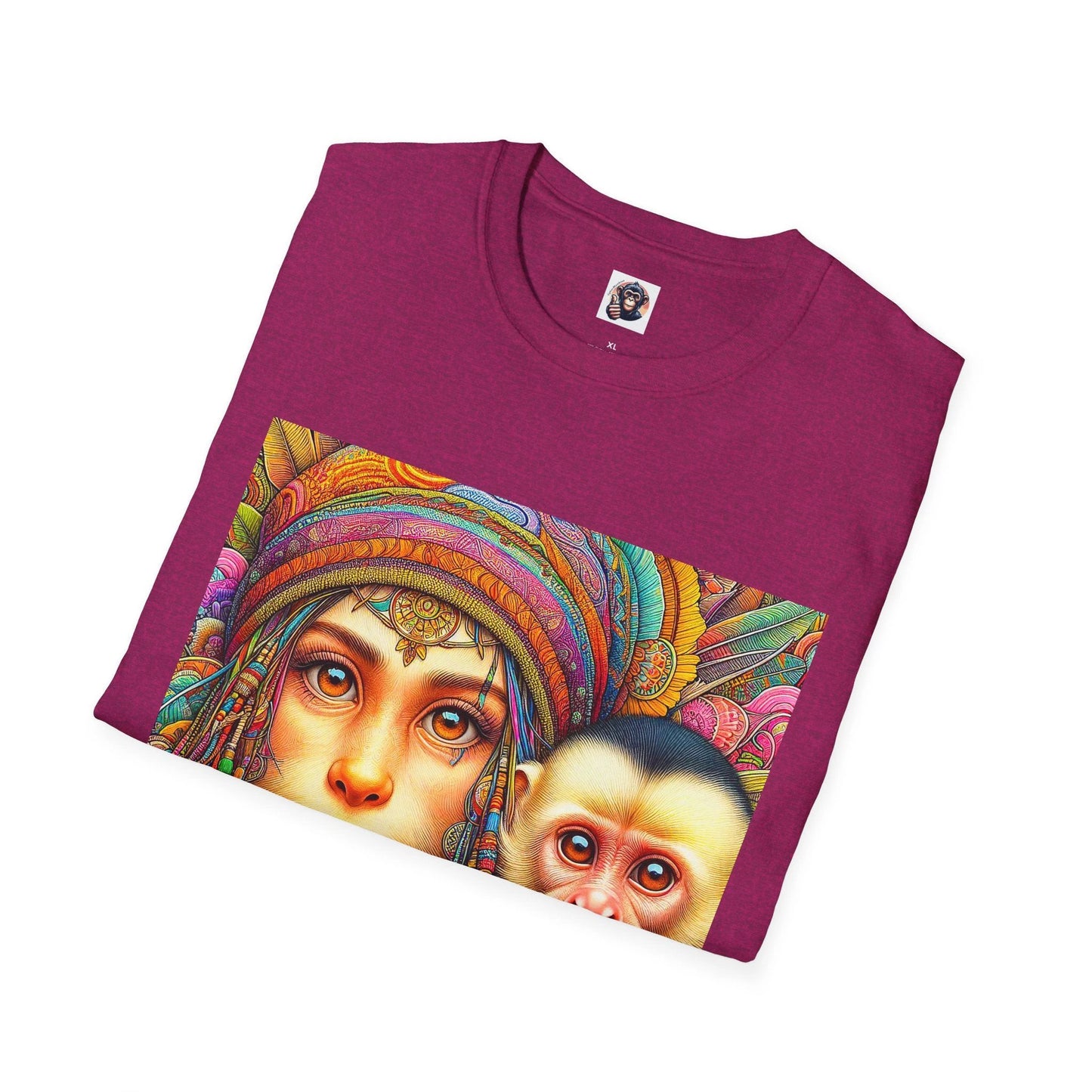 Capuchin Monkey Hippie Girl Cotton T Shirt Boho Colorful Portrait Design For Animal Lovers by Printify