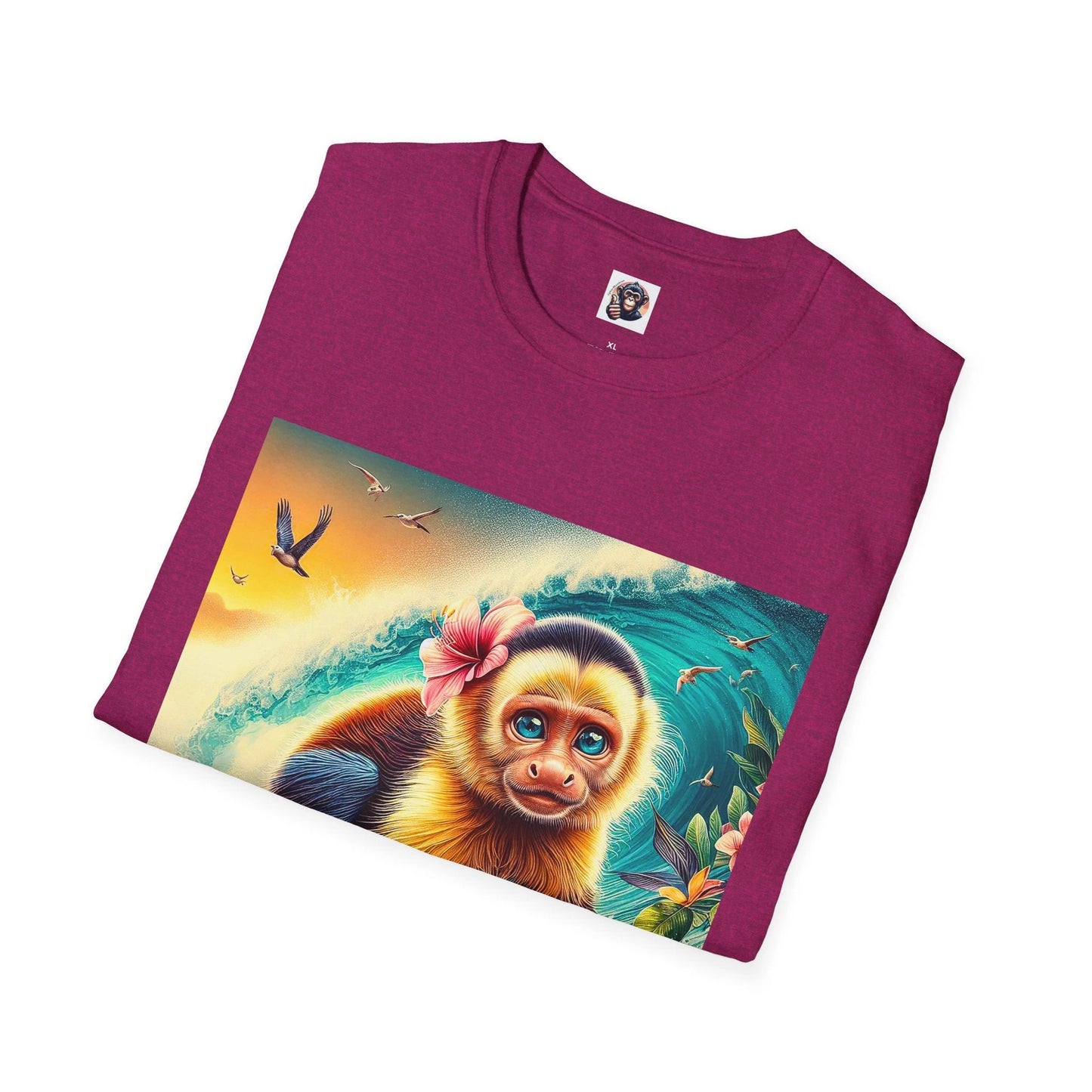 Capuchin Monkey Surfing Graphic Tee Ocean Wave Design For Animal Lovers Cotton Crew Neck by Printify