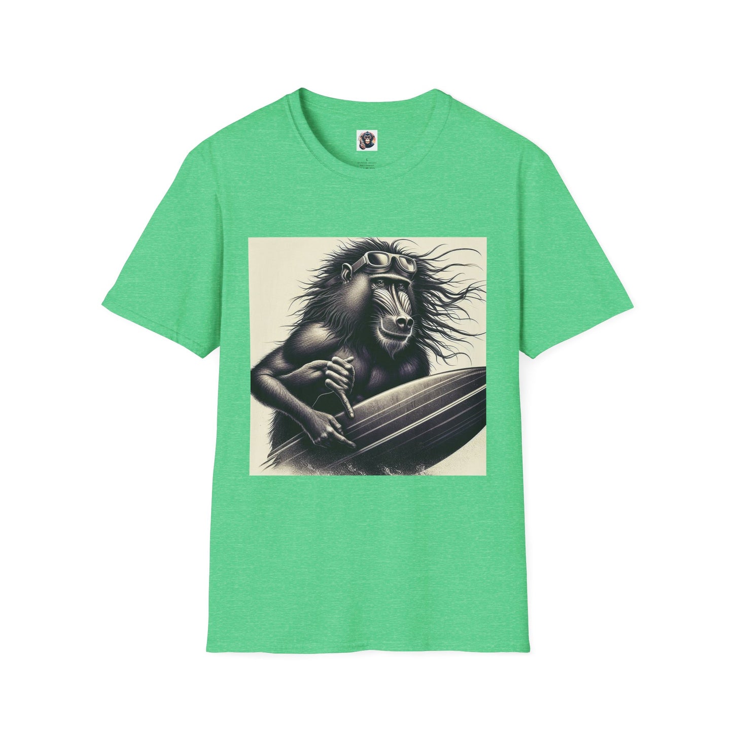 Baboon black and white surfer T-Shirt Printify S Heather Irish Green