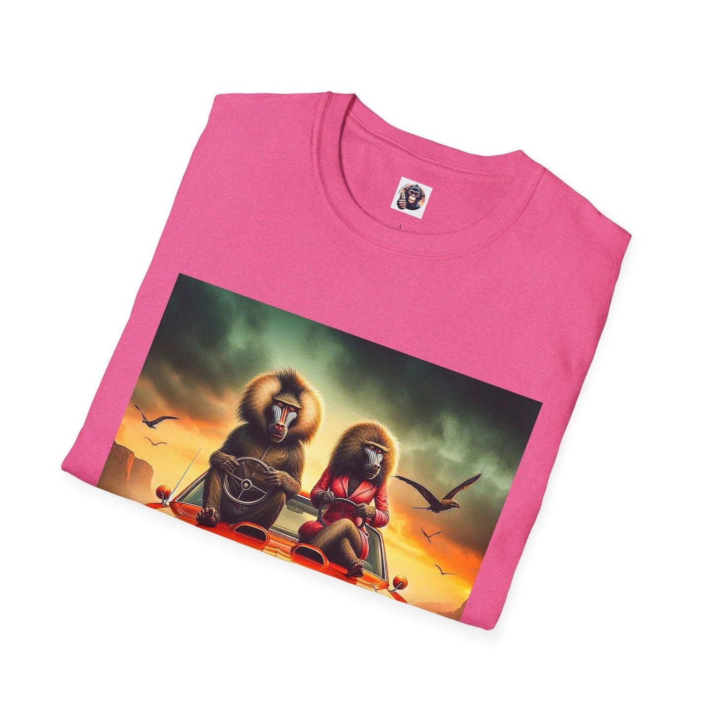 Baboon Duo In Orange Car Graphic Tee For Wildlife Lovers Unisex Cotton T Shirt Crew Neck by Printify