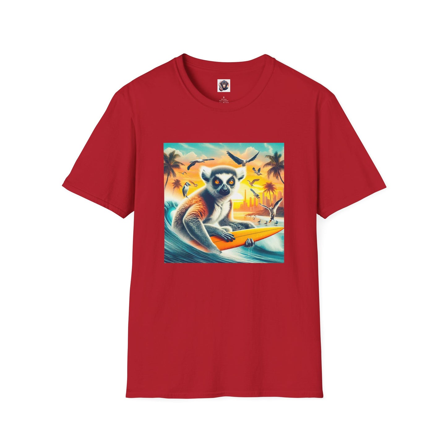 Lemurs surfing dude T-Shirt Printify S Cherry Red