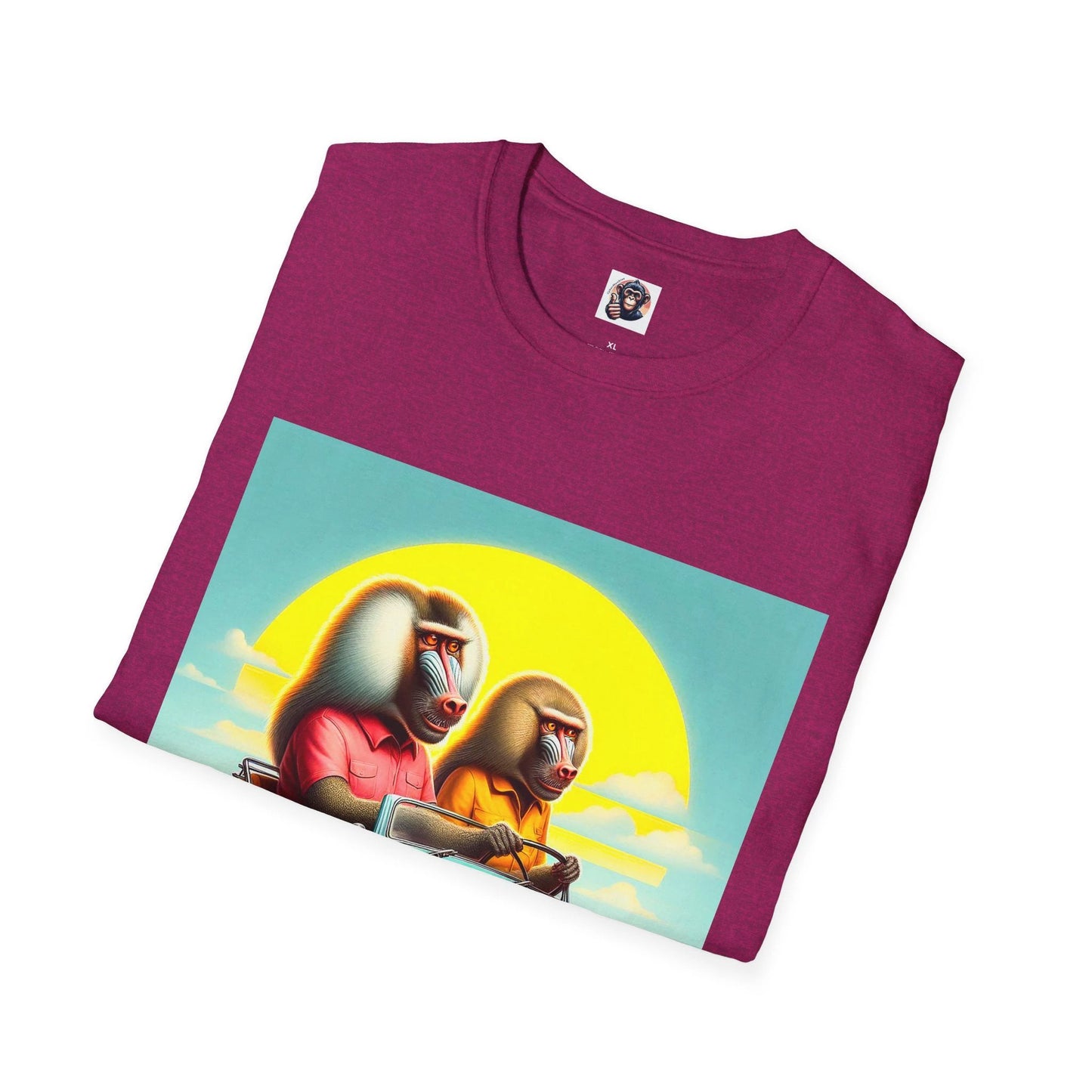 Wacky Baboon Couple Driving T Shirt With Colorful Vintage Car Illustration For Wildlife Lovers by Printify