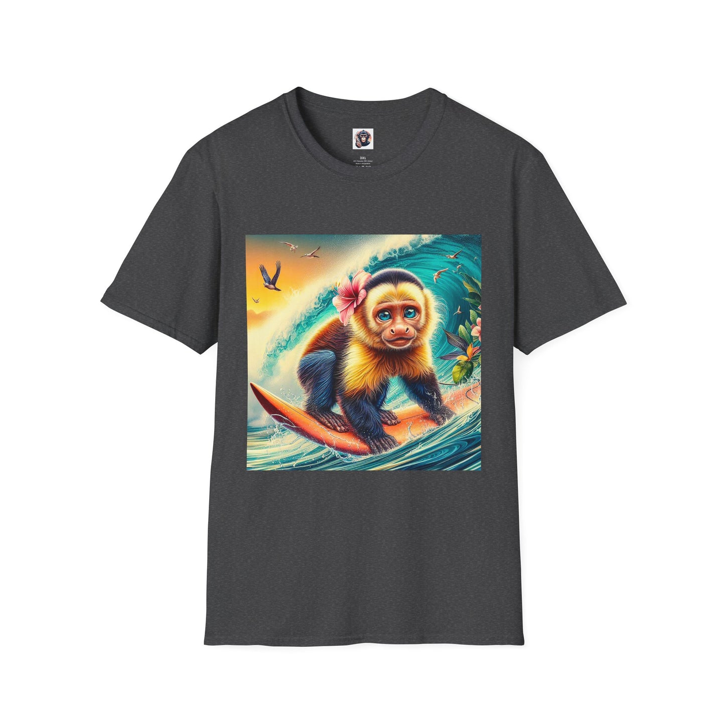 Capuchin Monkey surfing beauty T-Shirt Printify XS Dark Heather