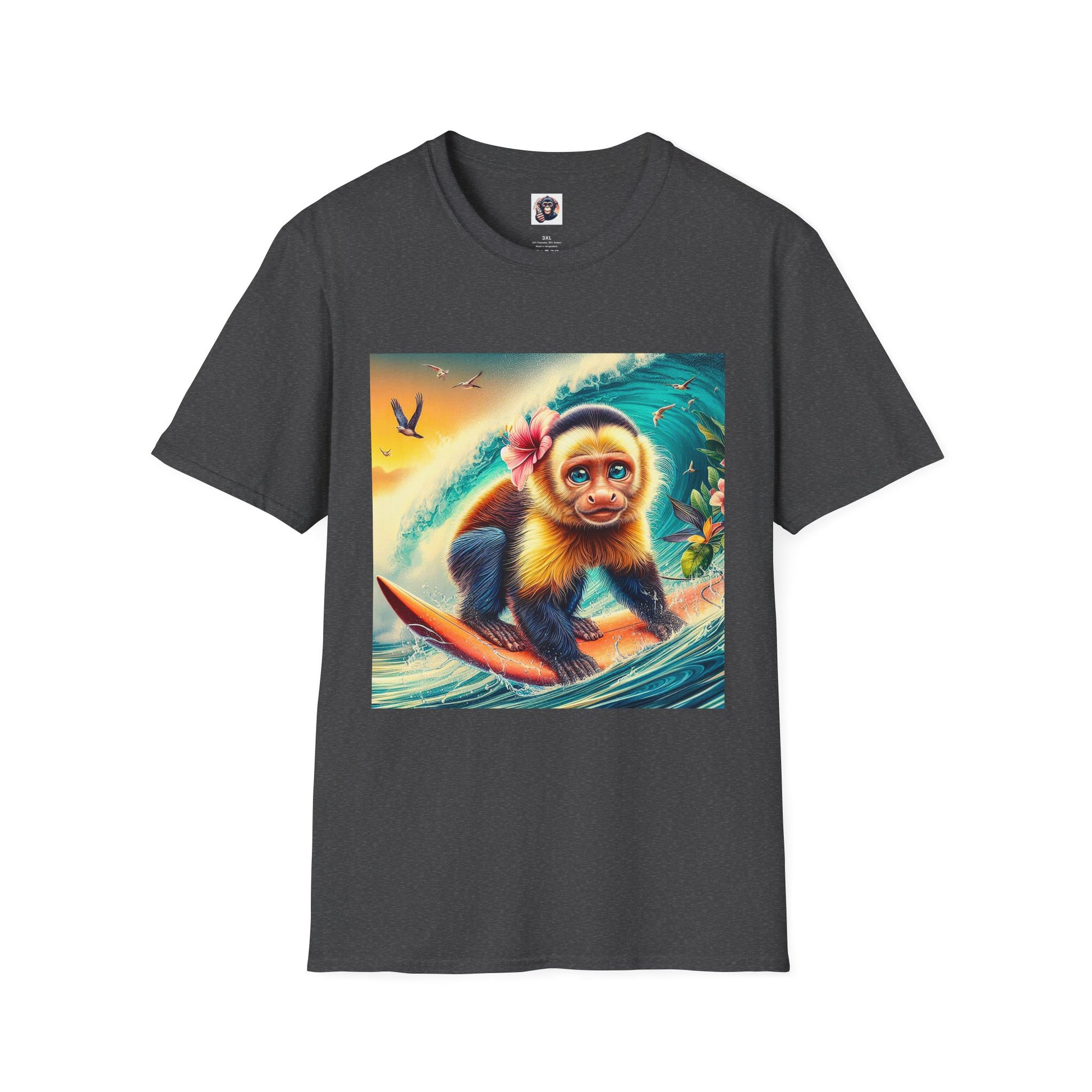 Capuchin Monkey surfing beauty T-Shirt Printify XS Dark Heather