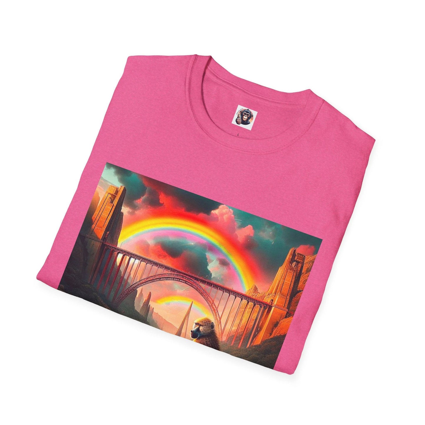 Baboon Rainbow Bridge T Shirt Featuring Colorful Wildlife Art On Cotton Crew Neck Tee by Printify
