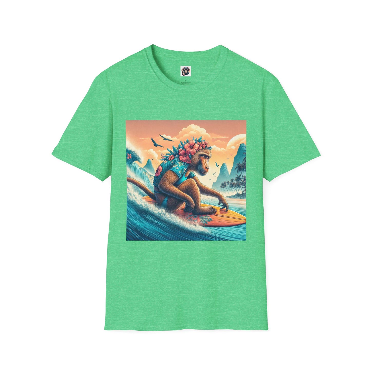 Baboon surfer dude T-Shirt Printify S Heather Irish Green