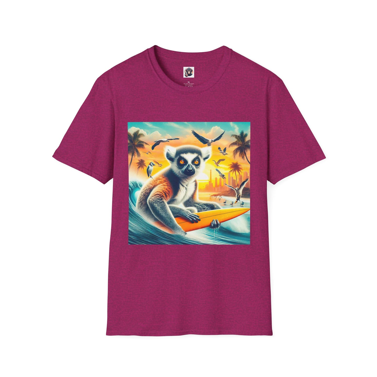 Lemurs surfing dude T-Shirt Printify S Antique Heliconia