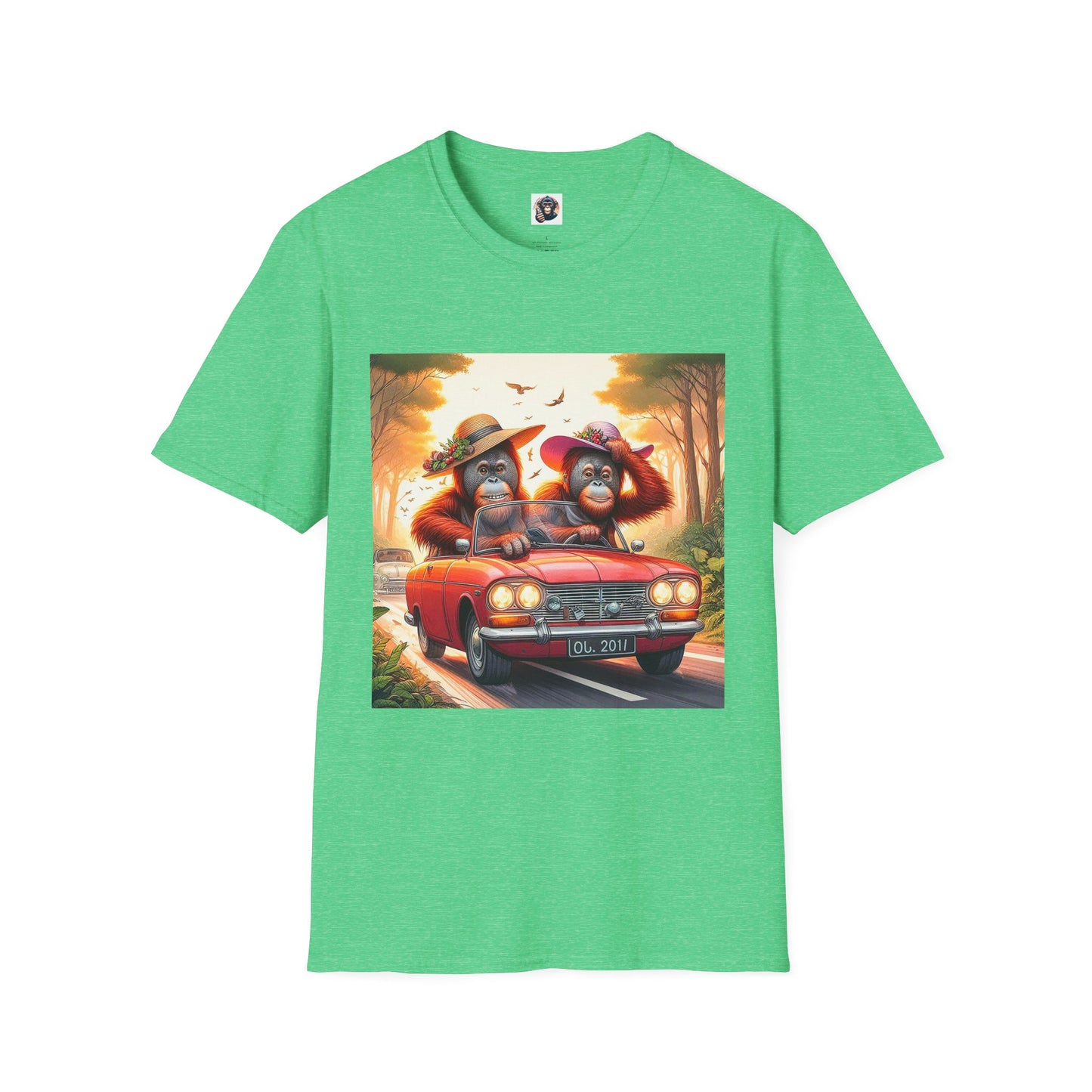 Wacky Orangutans red car T-Shirt Printify S Heather Irish Green