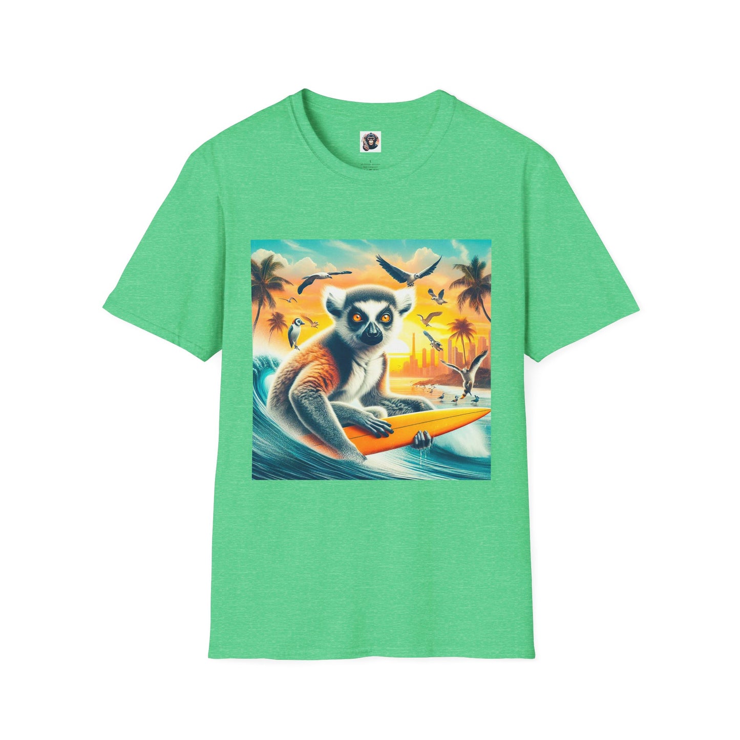 Lemurs surfing dude T-Shirt Printify S Heather Irish Green