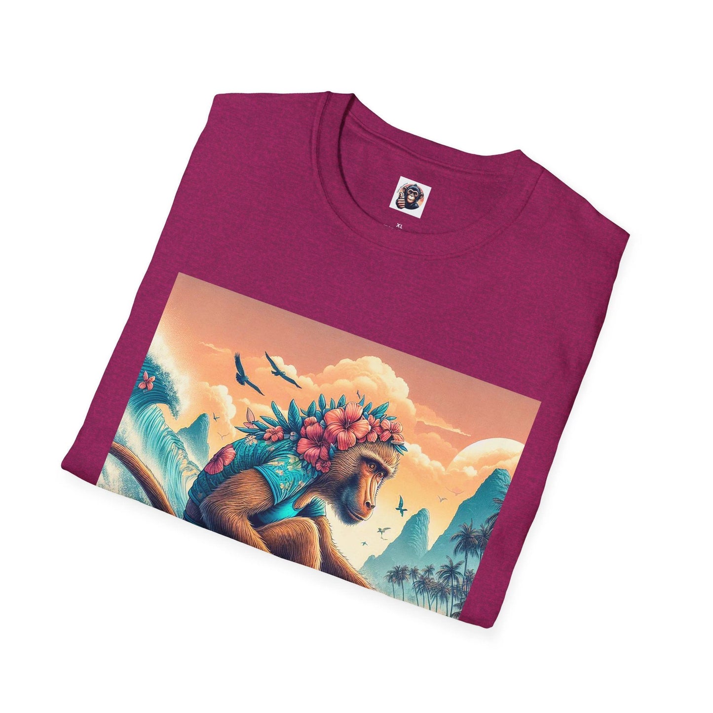 Baboon Surfer Dude T Shirt Tropical Surf Art Print Wildlife Monkey Design Cotton Tee by Printify