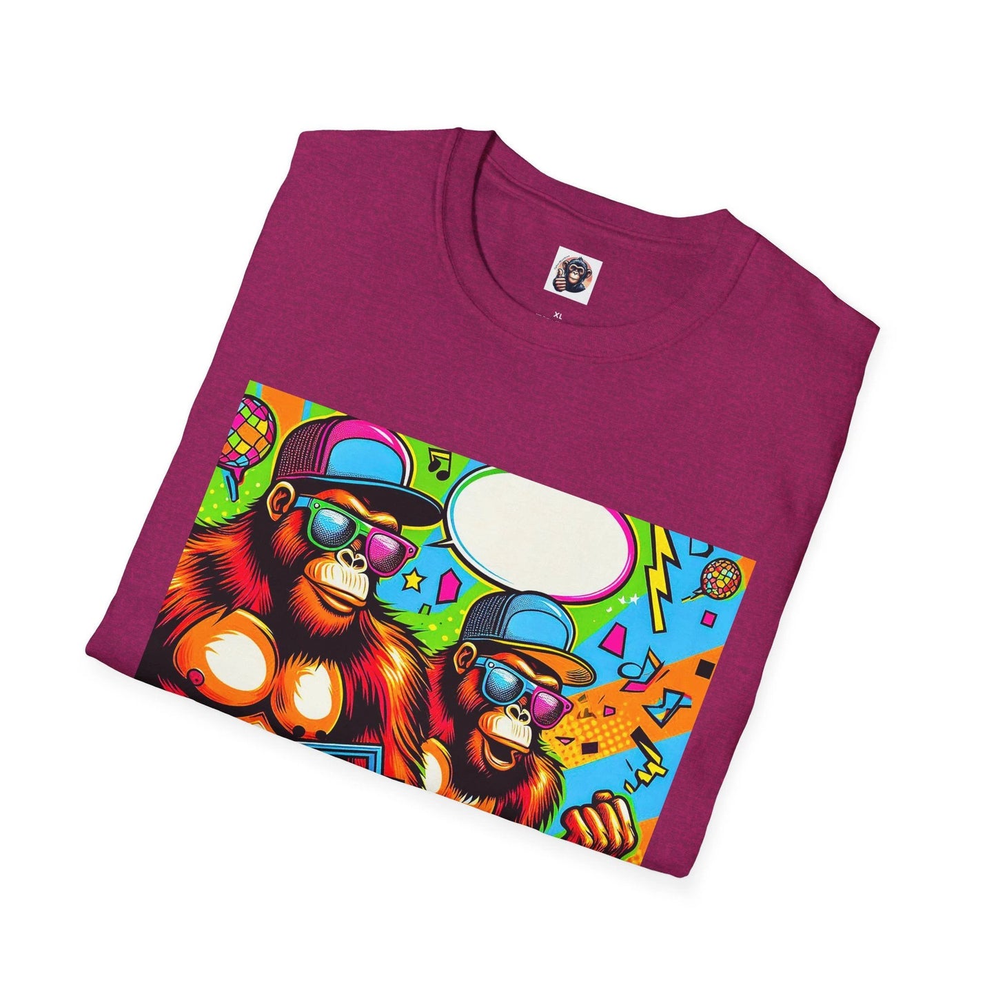 Vibrant Orangutans Comic Art T Shirt With Retro Boombox Design On Dark Heather Tee by Printify