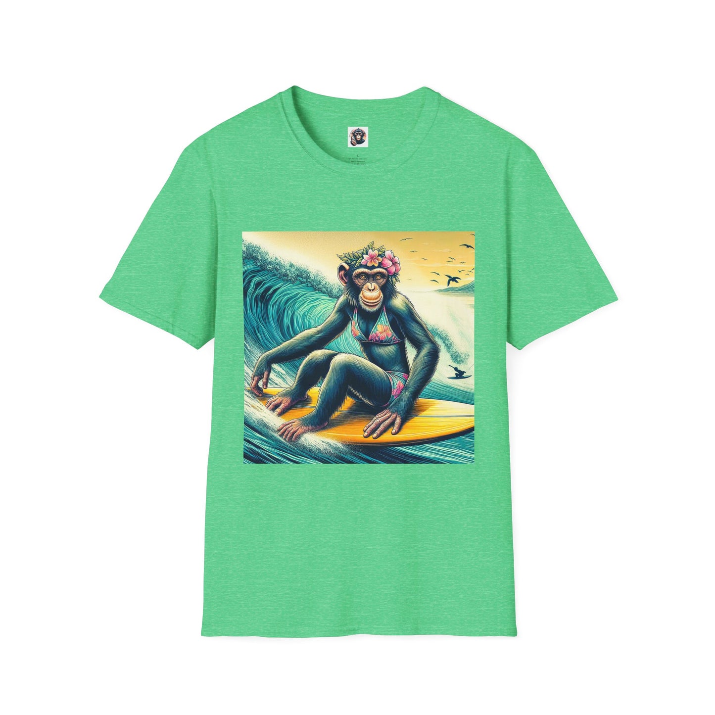Chimp surfer girl T-Shirt Printify S Heather Irish Green