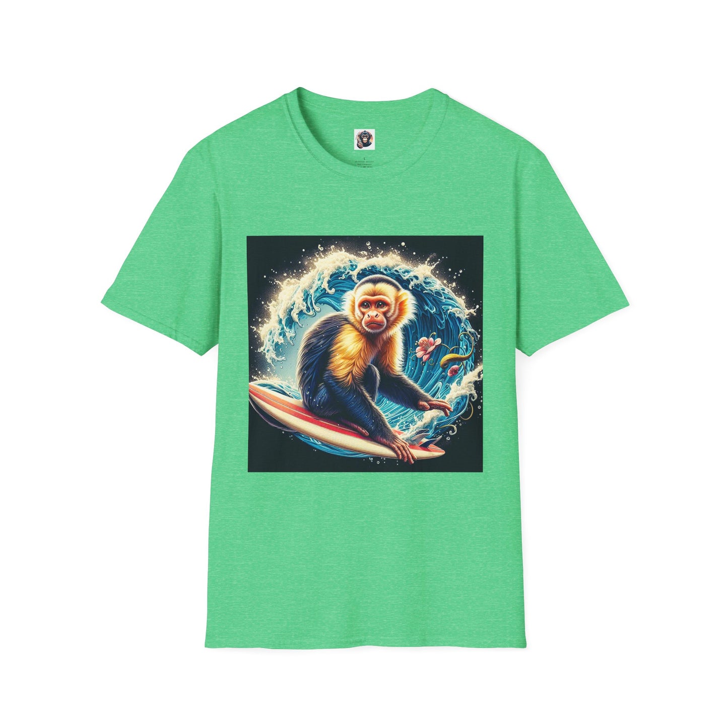 Capuchin Monkey surfer dude T-Shirt Printify S Heather Irish Green