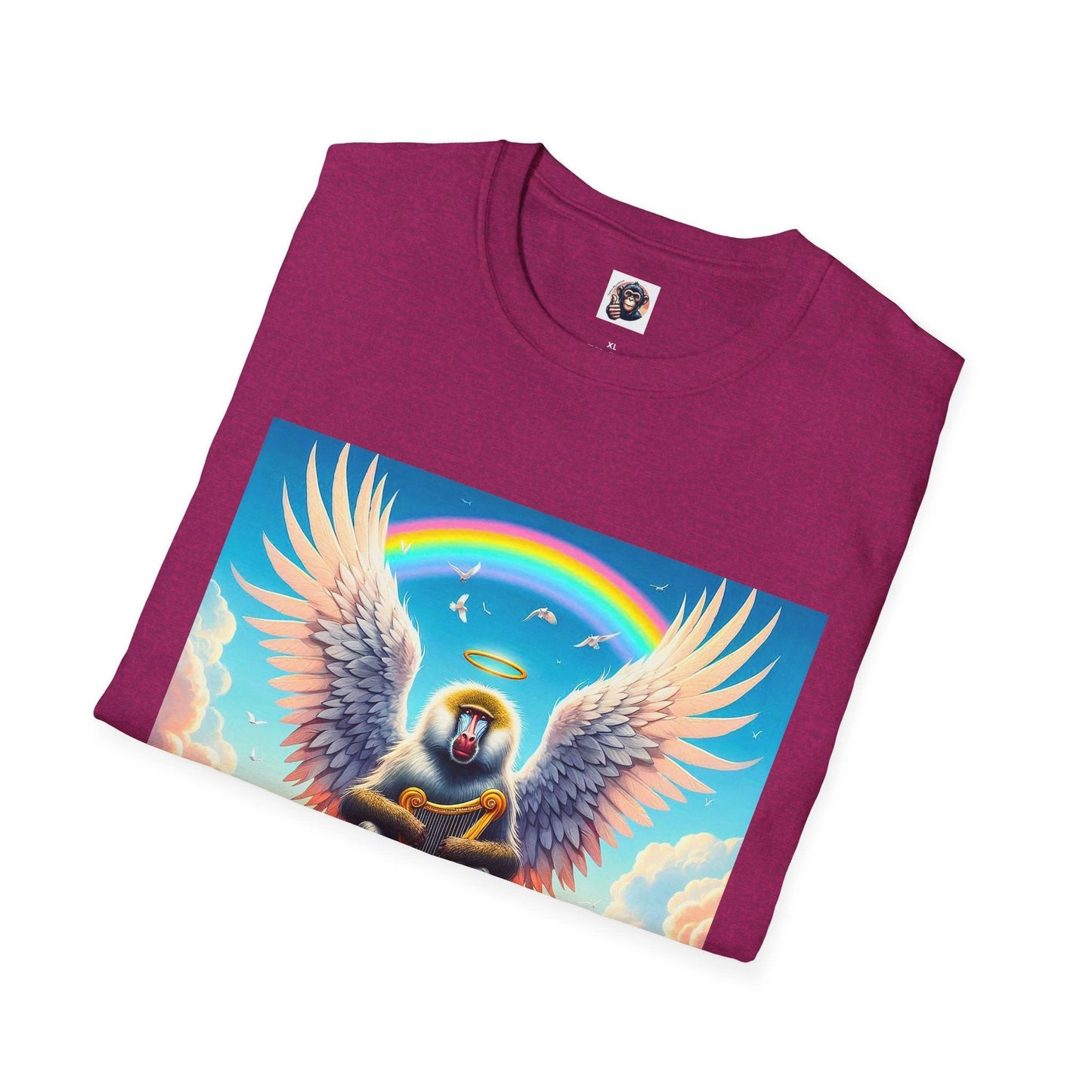 Baboon Angel Wings Graphic T Shirt Unisex Cotton Tee Featuring Colorful Winged Baboon Artwork Heaven Cloud Scene by Printify