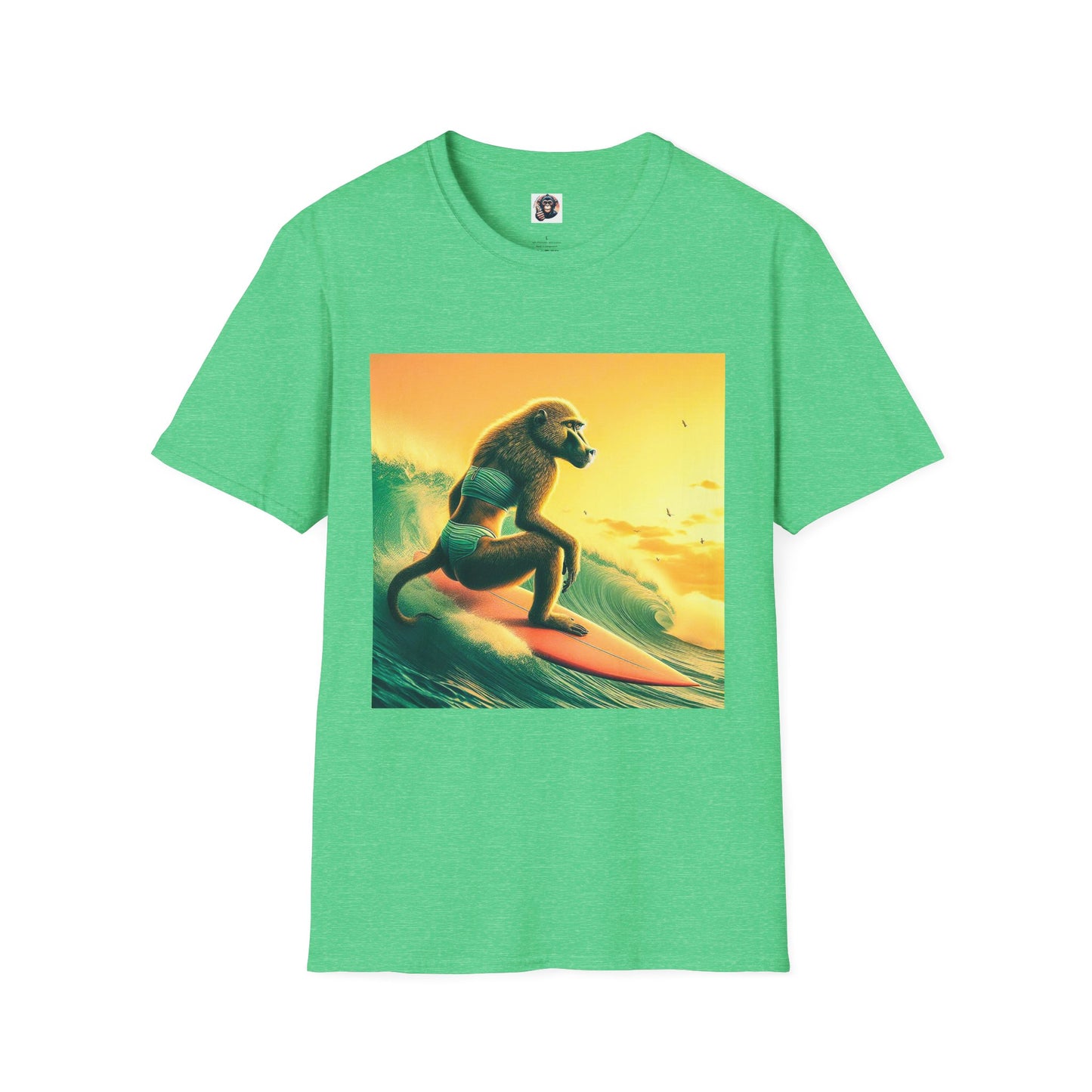 Baboon surfing T-Shirt Printify S Heather Irish Green