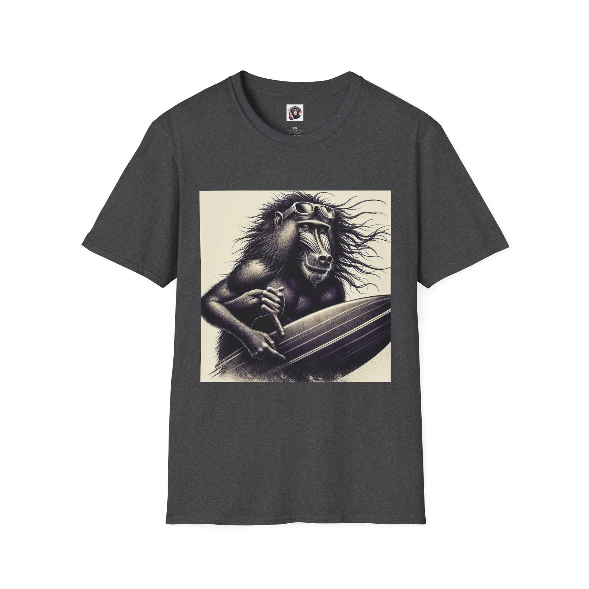 Baboon black and white surfer T-Shirt Printify XS Dark Heather