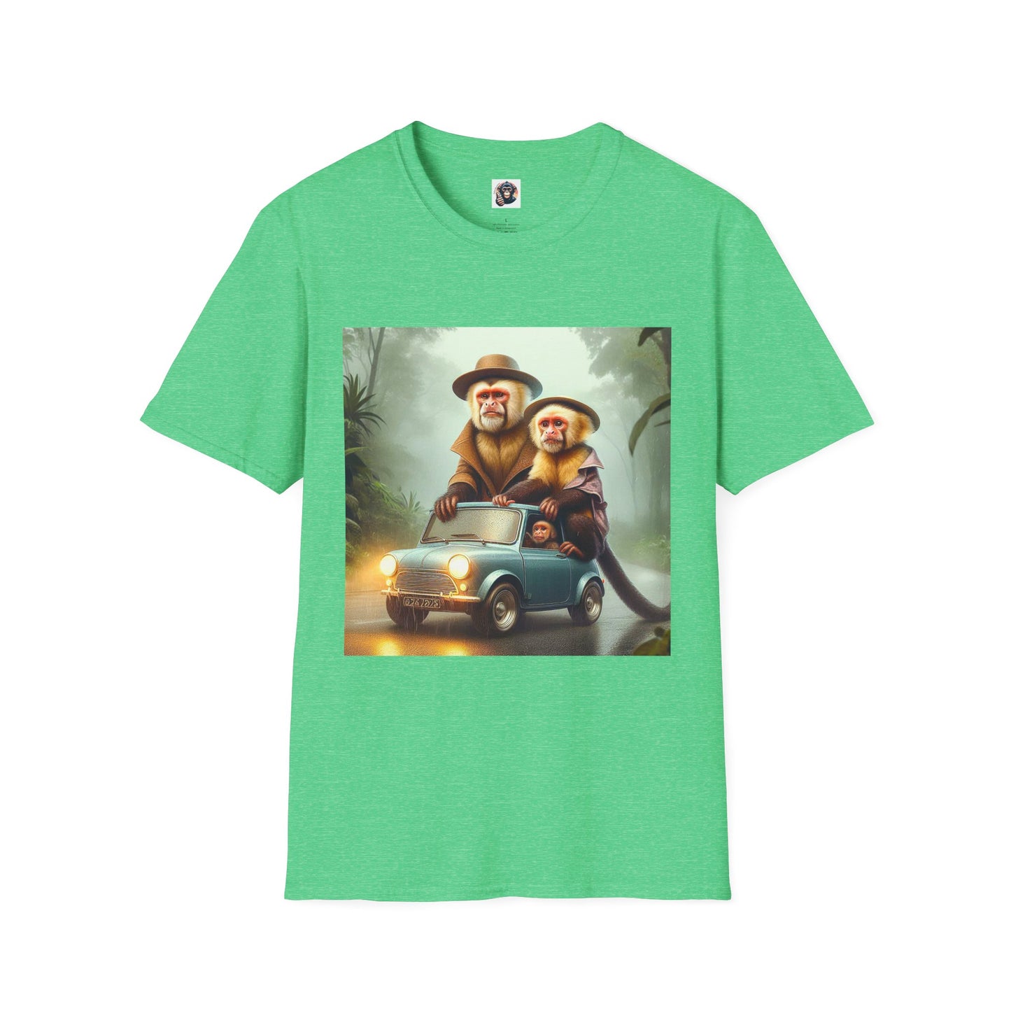Capuchin Monkey couple driving shirt T-Shirt Printify S Heather Irish Green