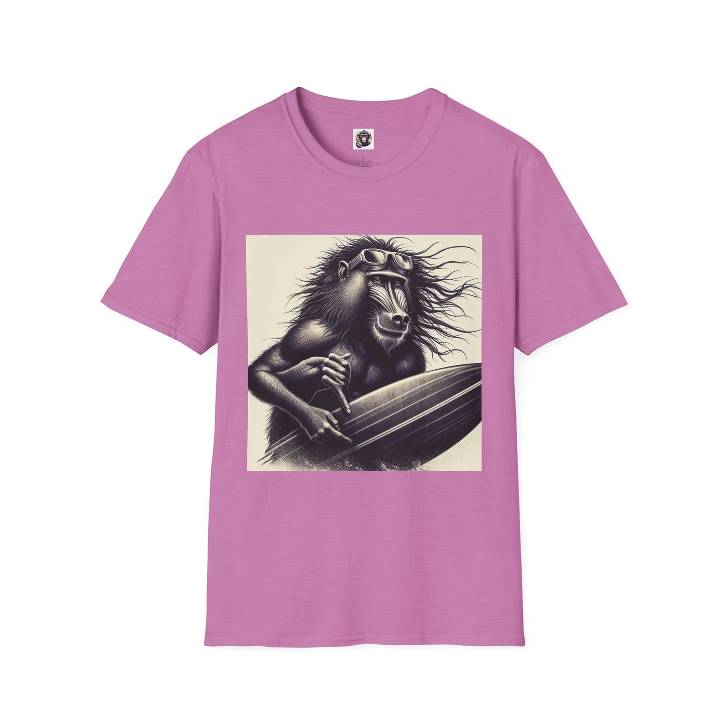Baboon black and white surfer T-Shirt Printify S Heather Radiant Orchid