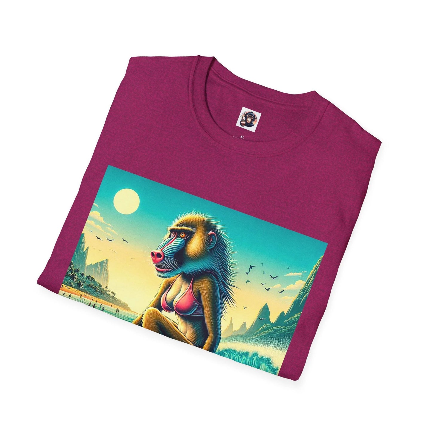 Baboon Surfer T Shirt Wild Animal Beach Scene Surf Art Tee For Men Women Vibrant Colorful Illustration by Printify