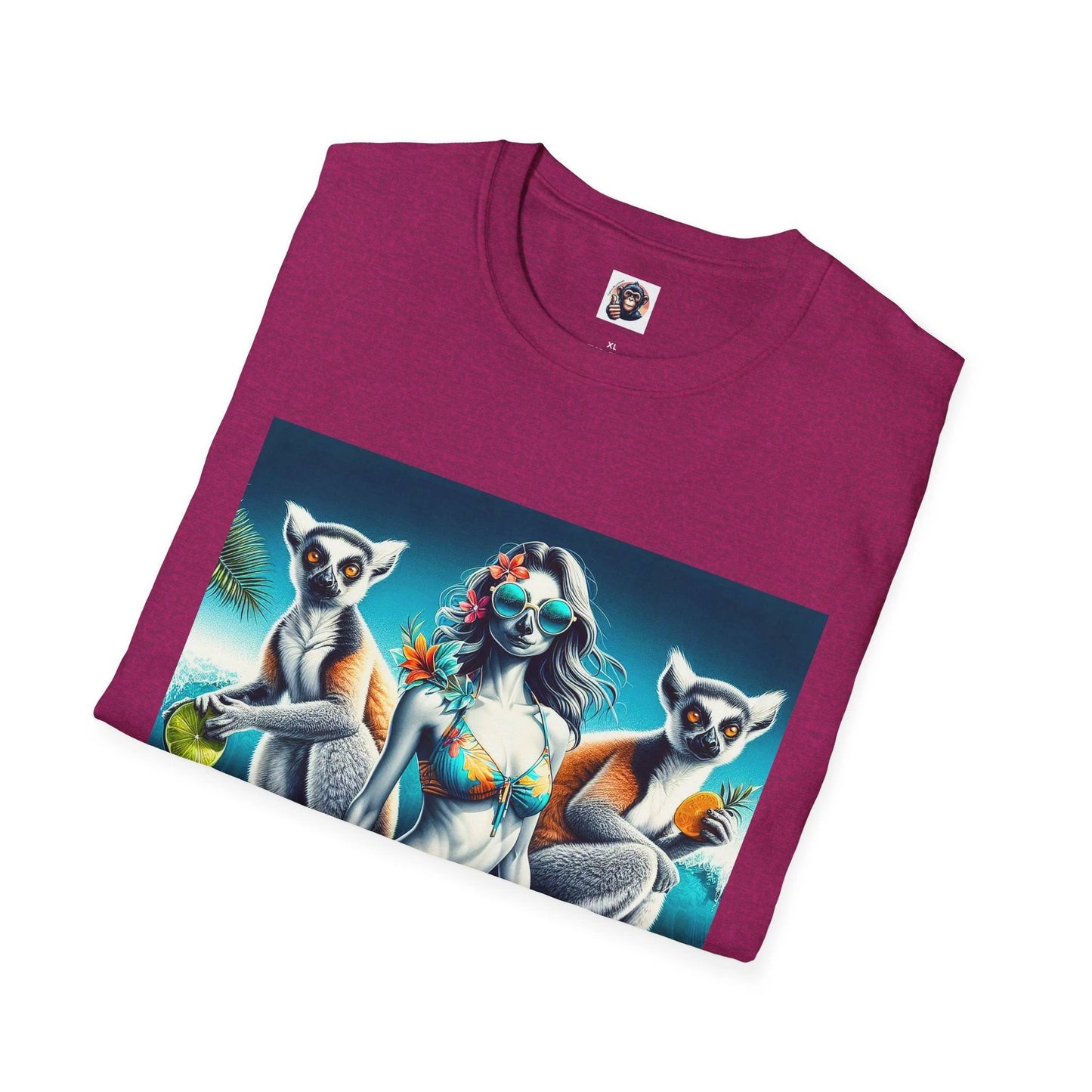 Lemurs Surfing Graphic Cotton T Shirt Featuring Surfing Woman And Two Lemurs On A Wave In Bright Colors by Printify