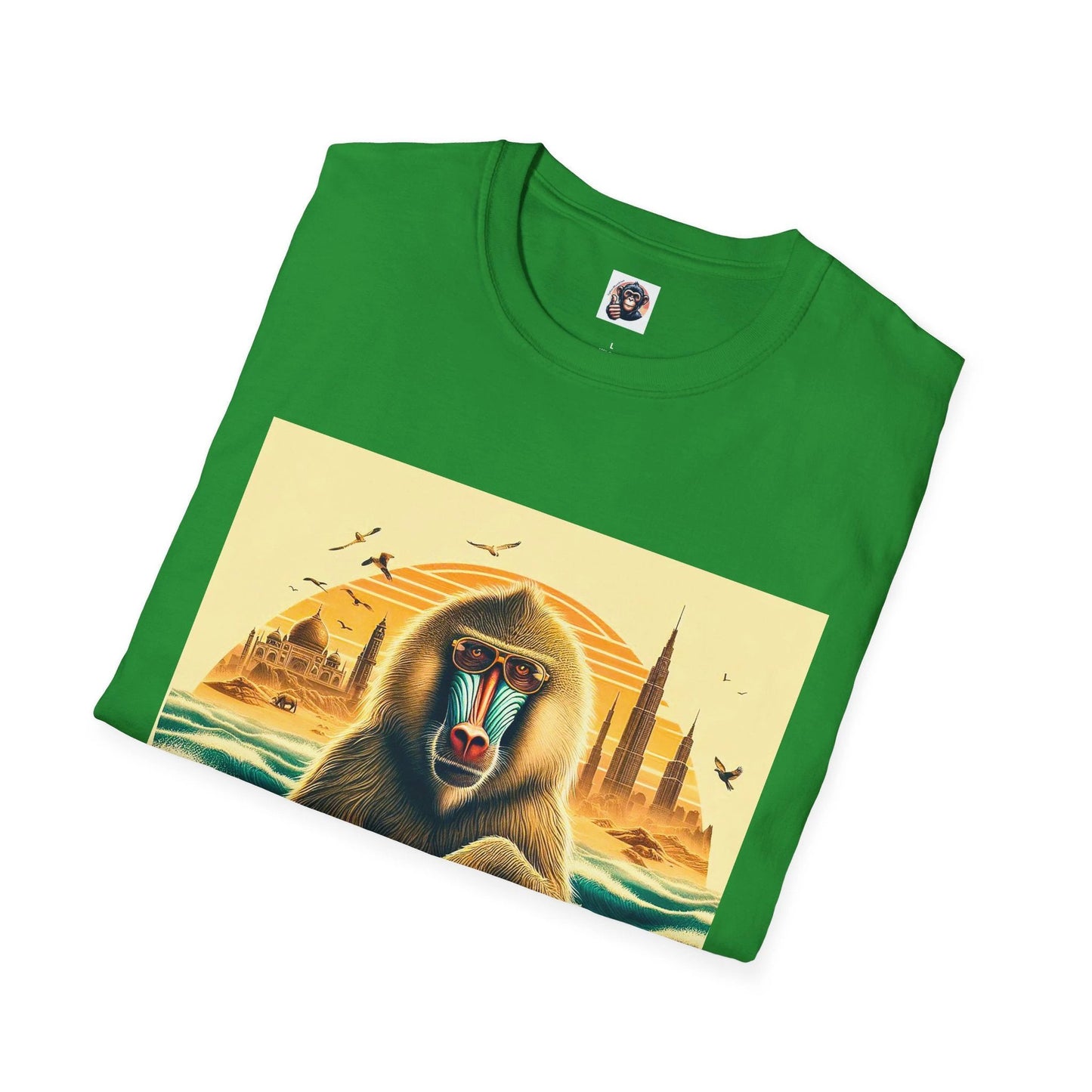 Baboon Surfing T Shirt Creative Wildlife Print on Cotton Crew Neck Tee for Men and Women by Printify