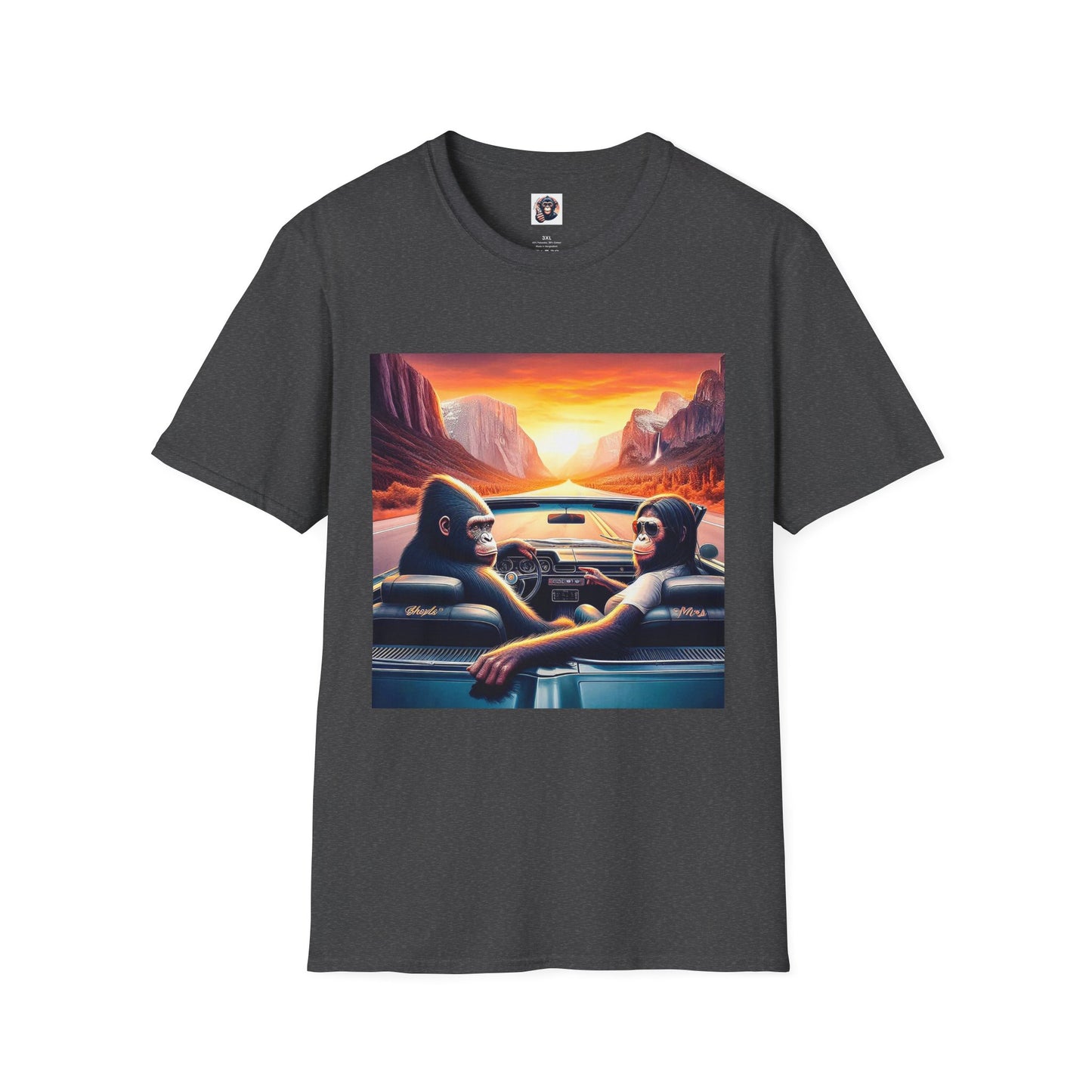 Wacky Bonobo driving sunset T-Shirt Printify XS Dark Heather