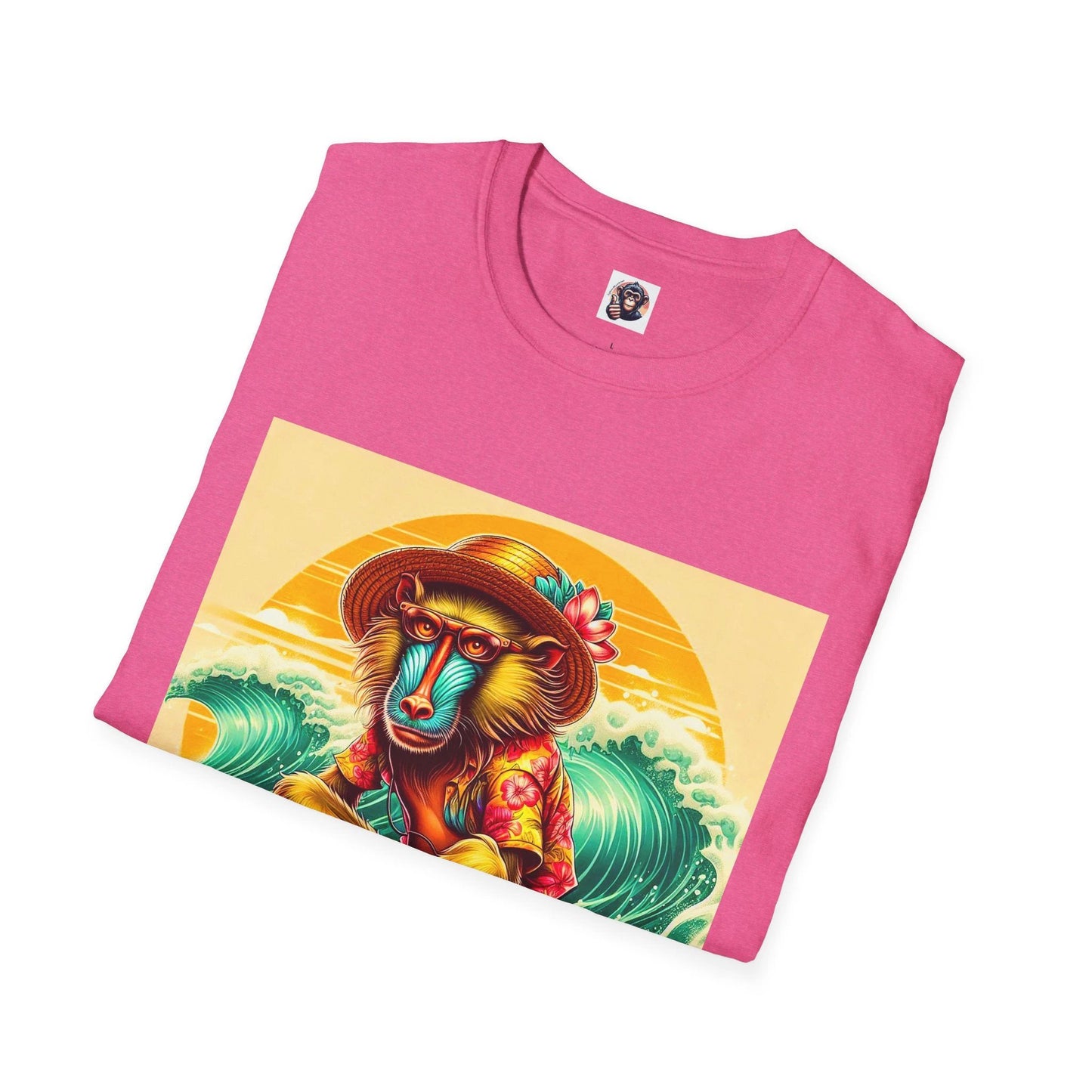 Baboon Surfing T Shirt With Vibrant Ocean Waves Artwork On Cotton Crew Neck Tee For Summer Fun by Printify