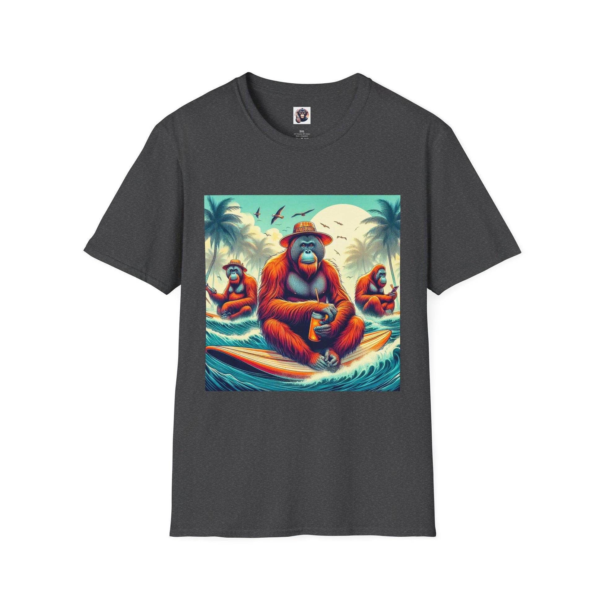 Orangutans surfing friends T-Shirt Printify XS Dark Heather