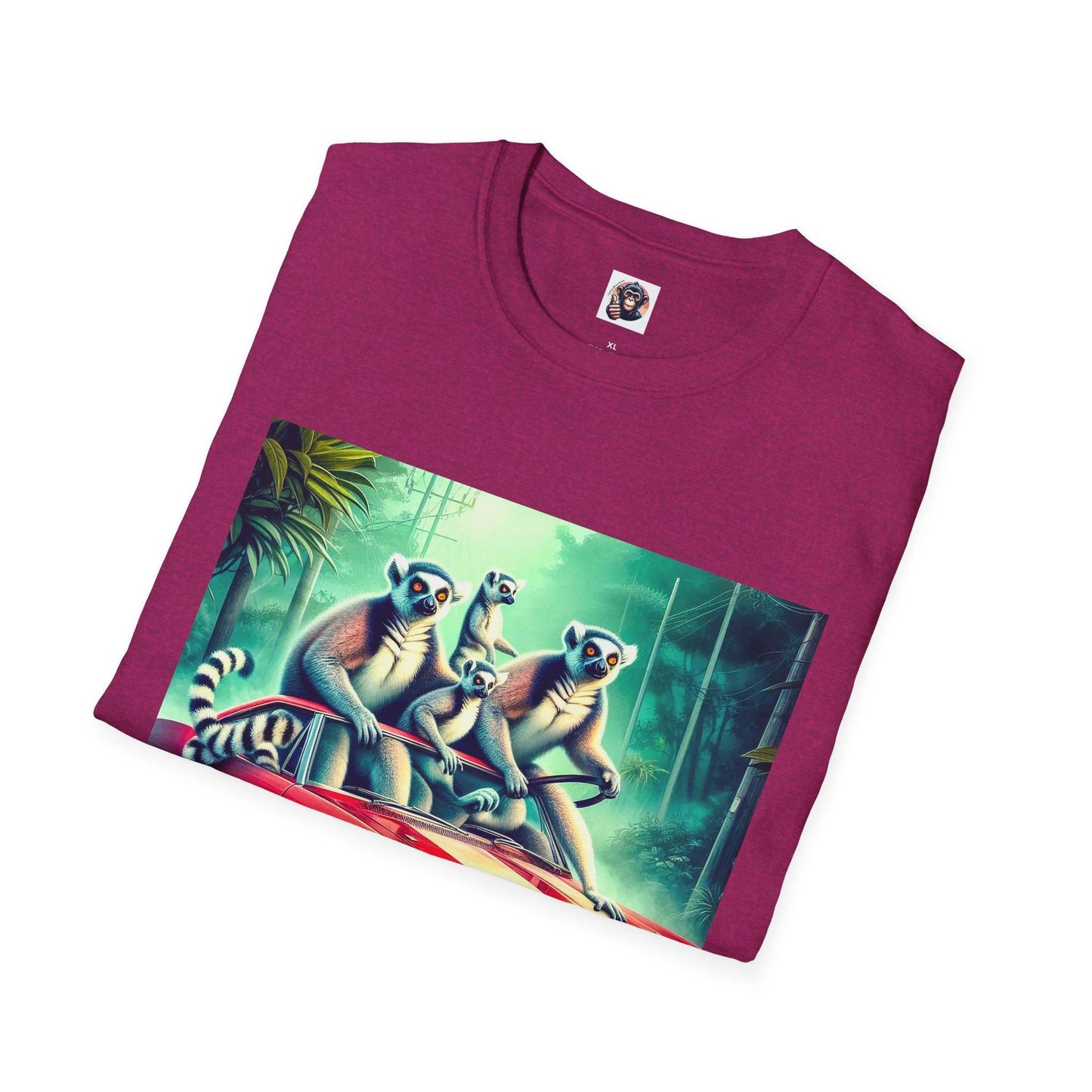 Wacky Lemurs Crazy Drivers Graphic Tee With Red Convertible Car Jungle Scene For Fun Expression by Printify