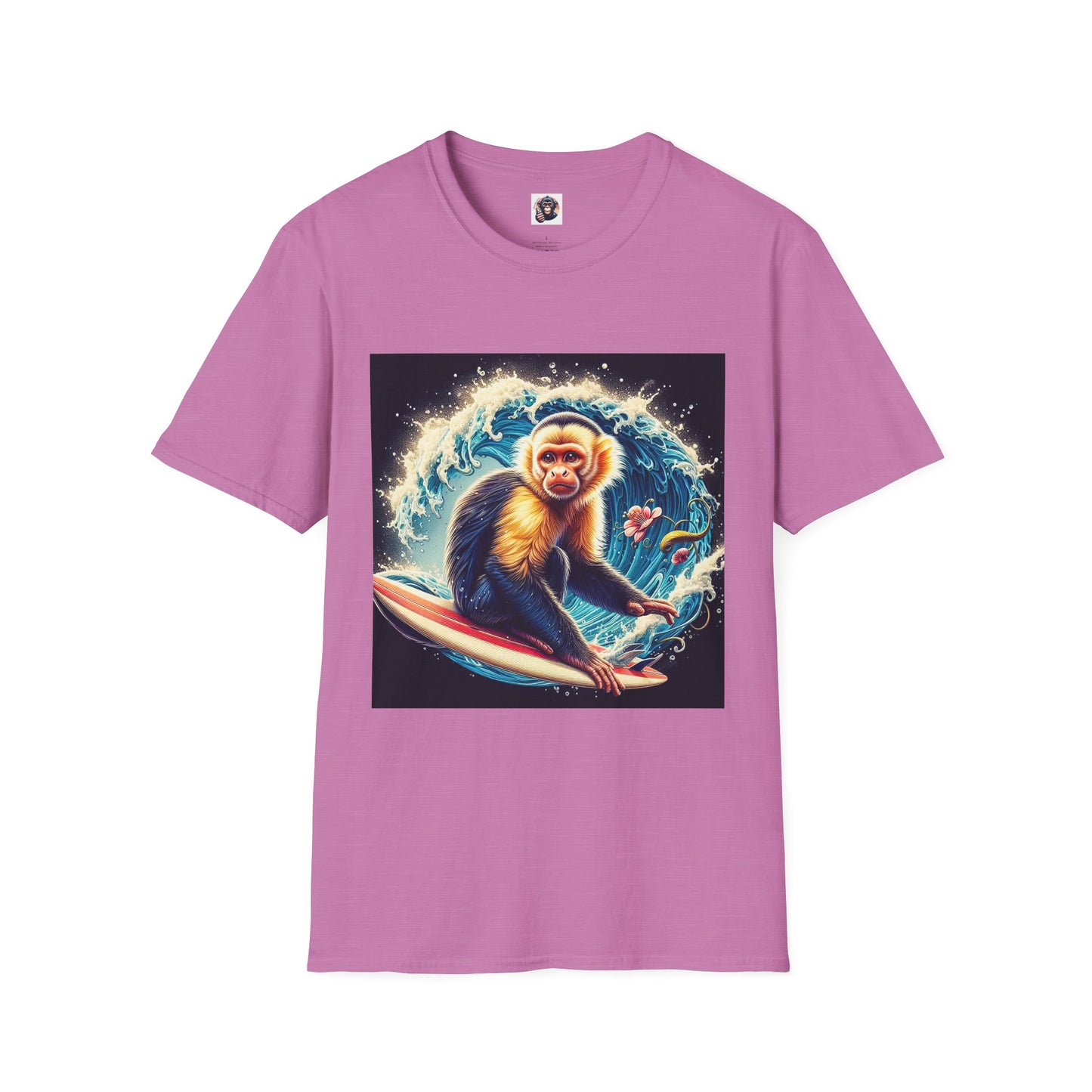 Capuchin Monkey surfer dude T-Shirt Printify S Heather Radiant Orchid