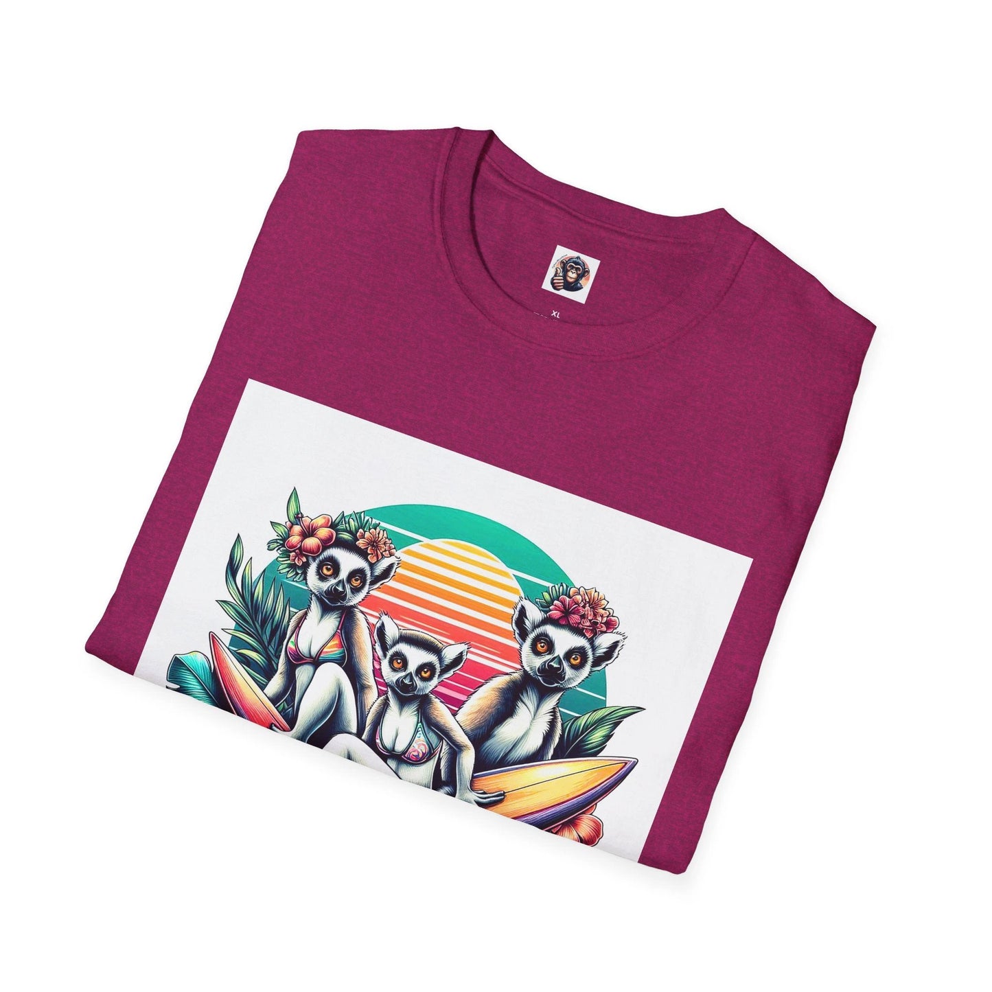 Lemurs Surfers Graphic T Shirt Cotton Tee With Tropical Sunset Waves Artwork For Summer Vibes by Printify
