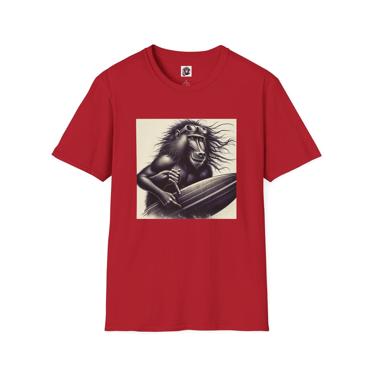 Baboon black and white surfer T-Shirt Printify S Cherry Red