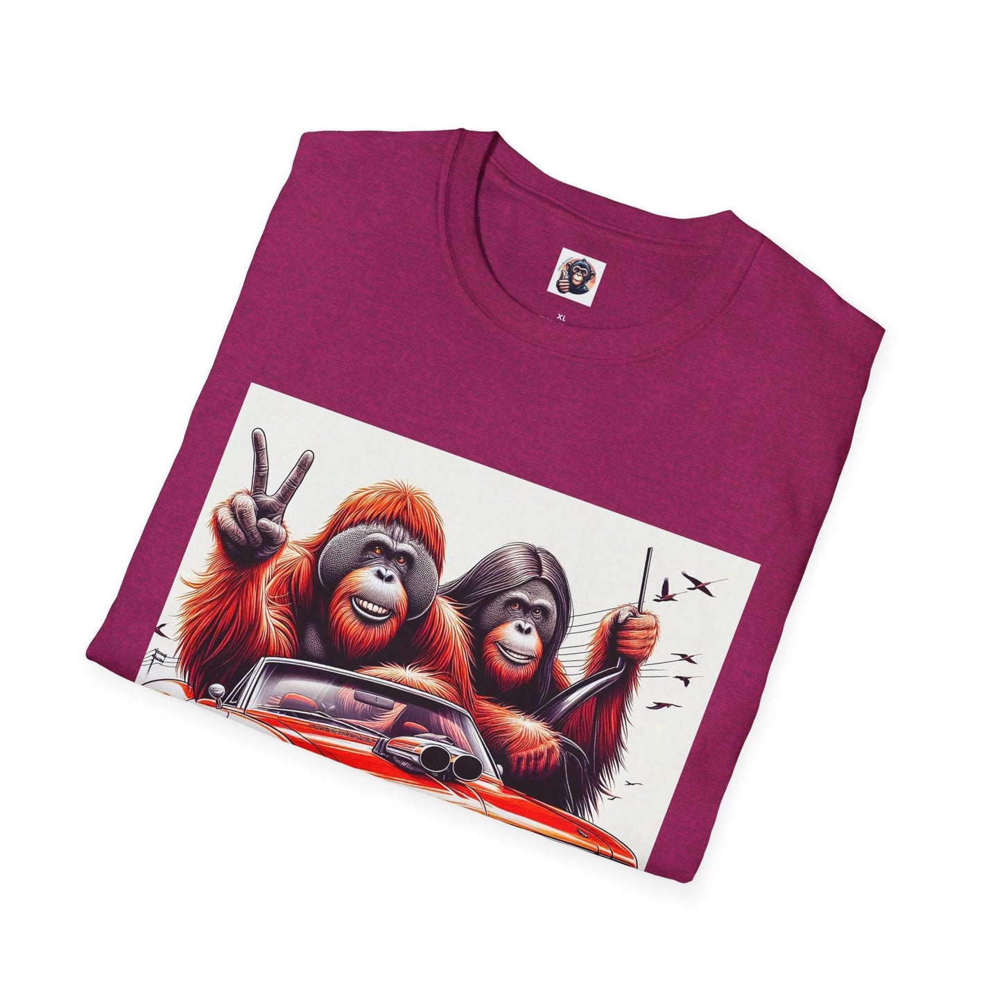 Wacky Orangutans Driving Car Graphic Tee With Peace Sign Unisex Cotton Shirt Retro Style by Printify
