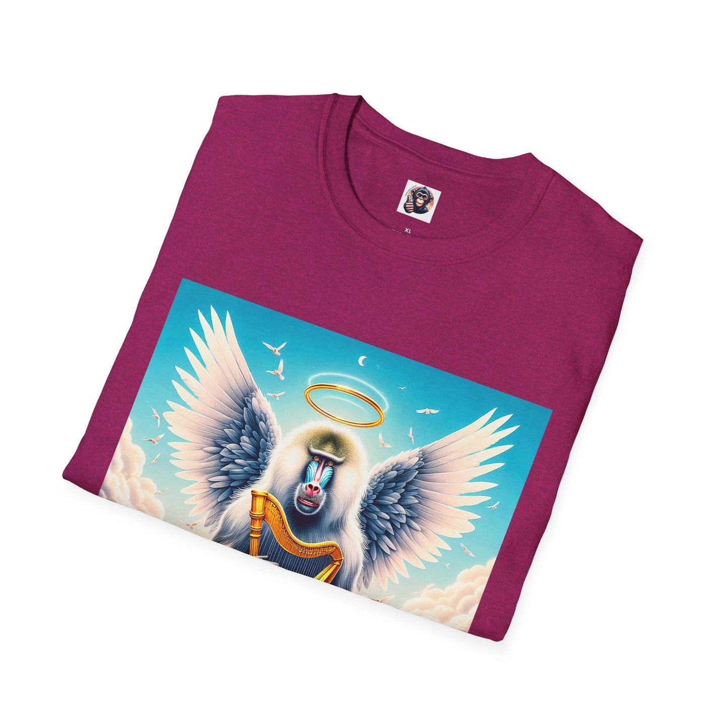 Baboon Harp Graphic Tee With Angel Wings Halo Rainbow Clouds Unisex T Shirt Artwork by Printify