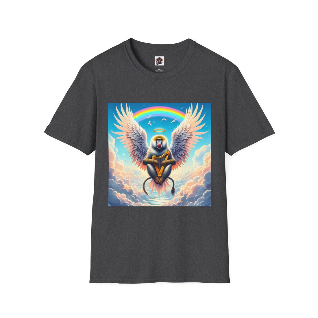 Baboon angel wings graphic tee in colorful clouds