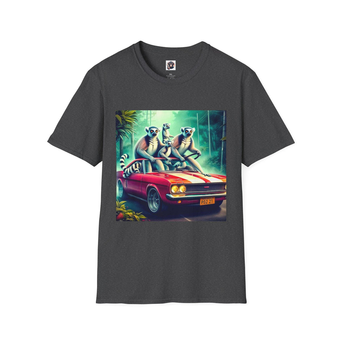 Wacky lemurs driving a colorful car graphic tee