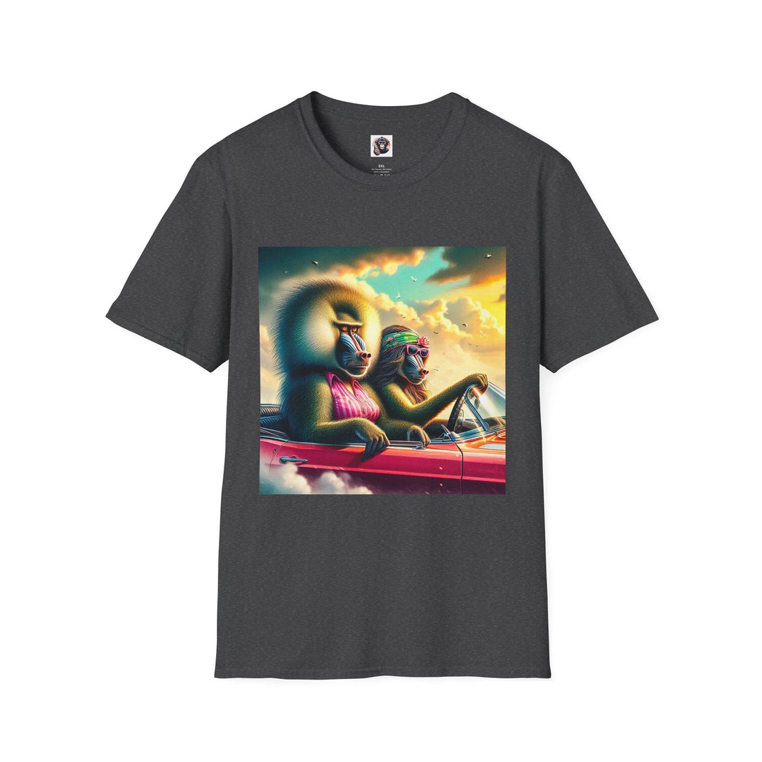 Wacky baboon driving a colorful car graphic tee