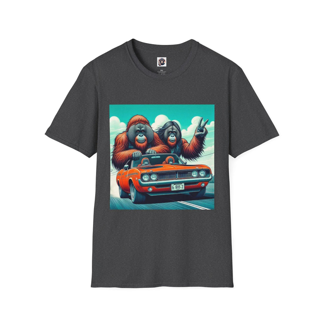 Colorful orangutans driving a car graphic tee