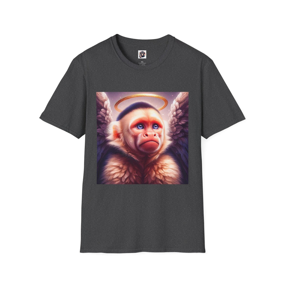 Capuchin monkey angel wings graphic tee with heavenly clouds