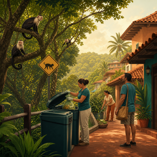 Community members securing waste near capuchin monkey habitat
