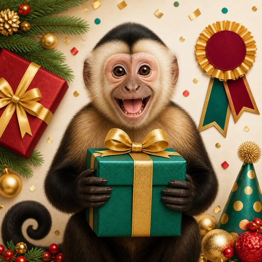 Capuchin monkey holding a wrapped gift for birthdays holidays and events