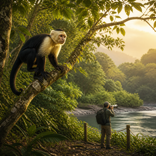 Wild capuchin monkey photographed ethically from a marked viewing area