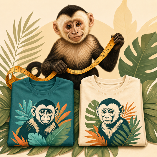 Capuchin monkey comparing graphic T-shirt fits with a measuring tape
