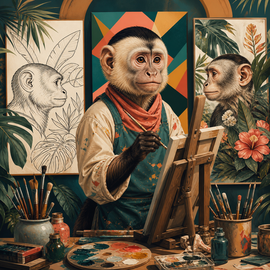 Capuchin monkey artist exploring line geometric and botanical primate art