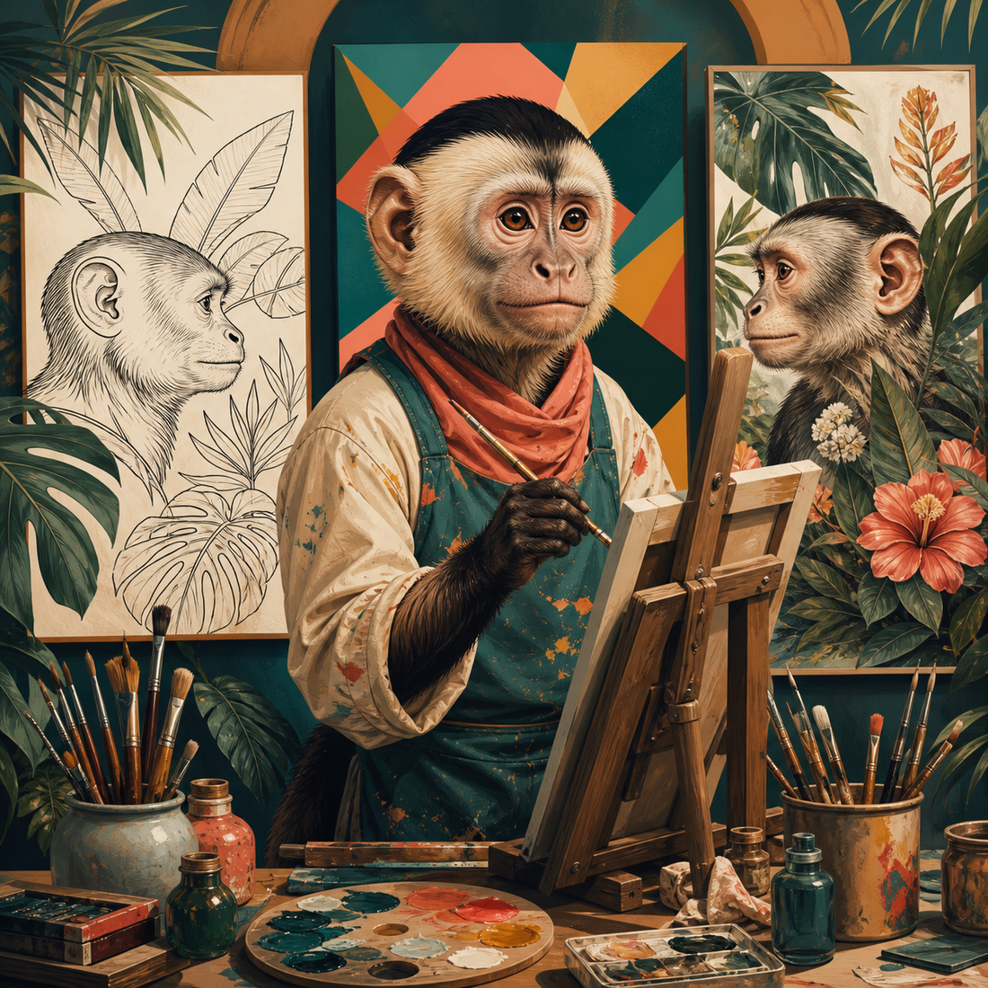 Capuchin monkey artist exploring line geometric and botanical primate art